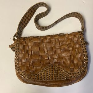 FRYE vintage woven brown leather Stacy studded bag